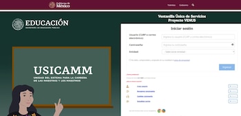 Página web con logotipos oficiales de México, un formulario de inicio de sesión del Proyecto VENUS y el dibujo de una maestra frente a una pizarra