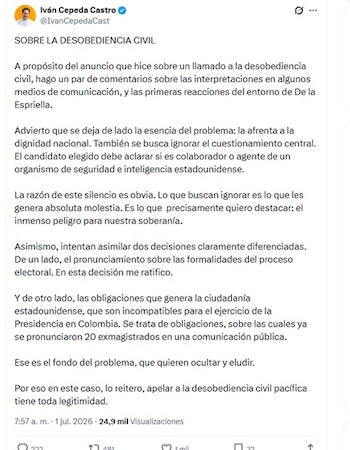 Cepeda se refirió a su anuncio vía X la mañana del miércoles 1 julio de 2026 - crédito @IvanCepedaCast