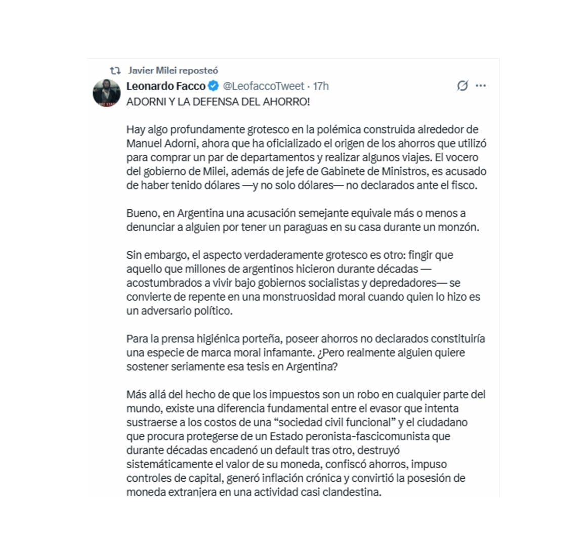 El retuit del presidente Javier Milei en apoyo a Manuel Adorni