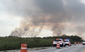 Múltiples columnas de humo oscuro se elevan sobre una zona de vegetación verde. En primer plano, una carretera con dos vehículos policiales y conos de tráfico naranjas