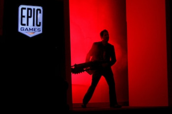 FILE PHOTO: Cliff Bleszinski, lead designer of Epic Games, takes the stage to announce the release of "Gears of War 2" during the Microsoft XBox Live keynote address at the Game Developers Conference in San Francisco, California, February 20, 2008. REUTERS/Robert Galbraith/File Photo