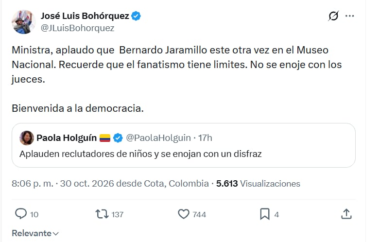 Con este mensaje en su perfil de X, el representante José Luis Bohórquez reaccionó a mensaje de la ministra de Cultura, Paola Holguín, en el que usó duros términos - crédito @JLuisBohorquez/X
