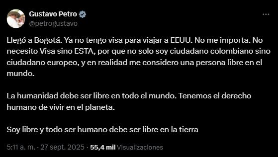 En su cuenta oficial, Petro afirmó que no necesita visa para entrar a Estados Unidos y se declaró “una persona libre en el mundo” - crédito Gustavo Petro/X