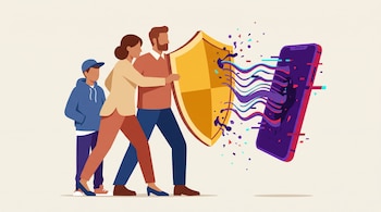 Un hombre y una mujer sostienen un escudo frente a un teléfono inteligente que emite ondas de colores hacia ellos y un niño.