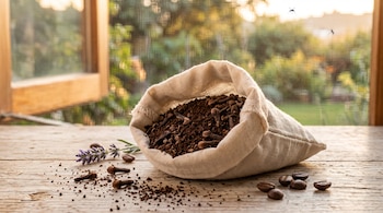 Una pequeña bolsa de tela abierta sobre madera con café molido y clavos de olor, rodeada de granos de café, polvo y un ramo de lavanda.