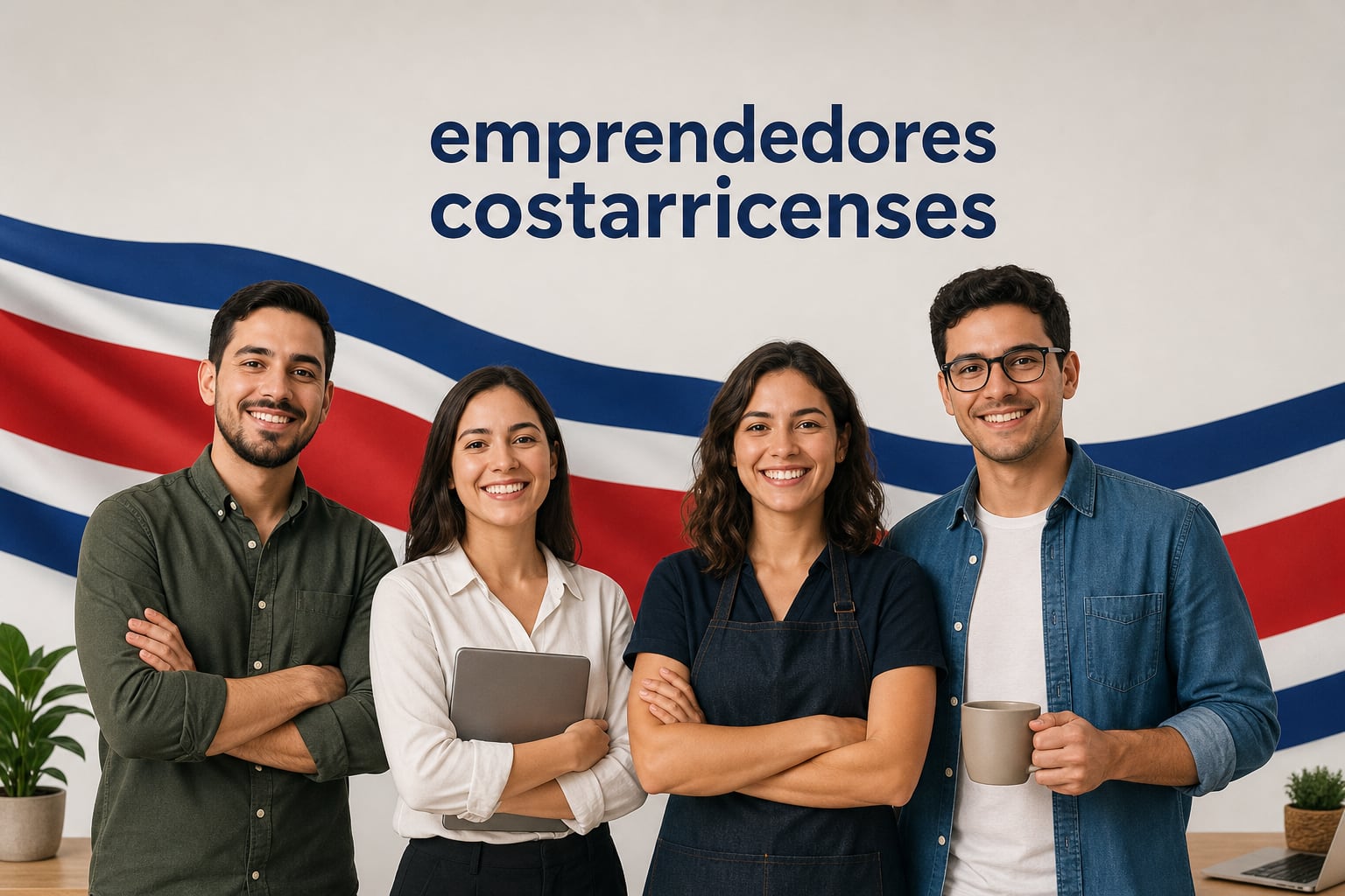 Cuatro jóvenes emprendedores posan frente a un gráfico con los colores de la bandera de Costa Rica. (Imagen Ilustrativa Infobae)