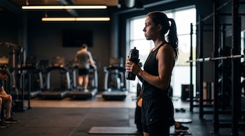 Una mujer vestida con ropa deportiva negra sostiene una botella oscura de perfil en un gimnasio con máquinas al fondo.
