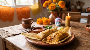Plato de barro con tamales en hojas de maíz, recipientes con salsa, taza de atole, flores de cempasúchil, una calaverita y una vela.