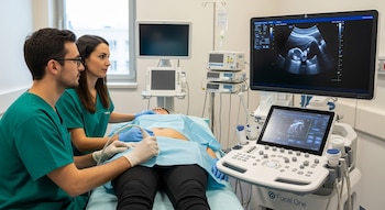 Un médico y una enfermera realizan un ultrasonido pélvico a una paciente en un entorno hospitalario, con pantallas mostrando imágenes de ultrasonido.
