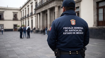 Agente de seguridad de espaldas con uniforme azul oscuro, gorra y el logo de la Fiscalía General de Justicia del Estado de México. Fondo de edificio antiguo y personas.
