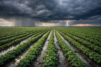 Un campo con hileras de plantas verdes y surcos con agua bajo un cielo de tormenta con nubes oscuras, lluvia intensa y un relámpago lejano.