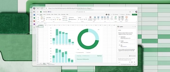 Interfaz digital de Microsoft Excel con barras de herramientas, gráficos verdes de columnas y circular, y la ventana emergente de Copilot