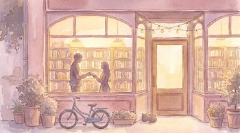 Fachada de librería iluminada con estanterías, dos siluetas sosteniendo un libro, plantas en macetas, una bicicleta y un gato en la acera.