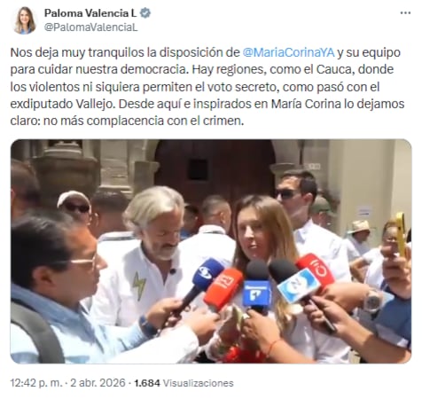 Paloma Valencia también se pronunció sobre el respaldo de María Corina Machado a las elecciones en Colombia - crédito @PlomaValenciaL/X