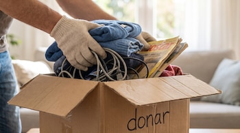 Manos enguantadas colocan prendas de vestir, cables enredados y revistas en una caja de cartón que lleva escrita la palabra "donar".