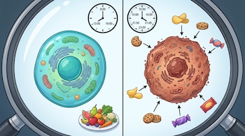Una lupa muestra dos escenas. Izquierda: célula sana, reloj con tres horarios, plato de frutas y verduras. Derecha: célula envejecida, reloj con cinco horarios, snacks.