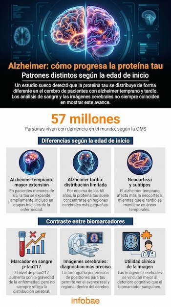 Infografía con ilustraciones de cerebros y cabezas humanas, texto sobre alzheimer, biomarcadores sanguíneos, tomografía por emisión de positrones y utilidad clínica.