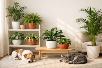 Un perro, un gato atigrado, estante blanco, sofá beige, mesa de madera, palma bambú, helecho de Boston, calatea, areca, planta cinta, pilea en macetas, alfombra.