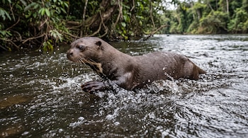 Una nutria gigante en el agua de un río con follaje verde de fondo y agua salpicando a su alrededor.
