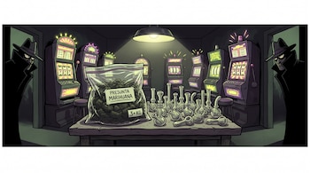 Sala oscura con máquinas tragamonedas, una bolsa con tres kilogramos de presunta marihuana, 24 pipas de vidrio y dos figuras encapuchadas observando.