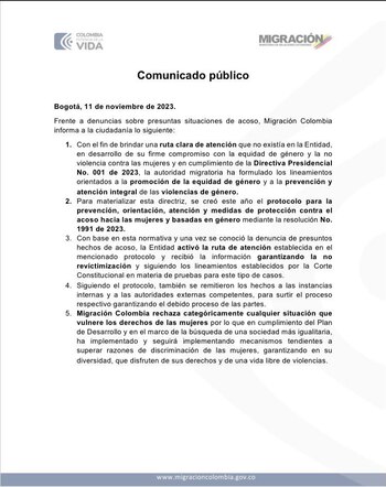 Comunicado Migración Colombia sobre las