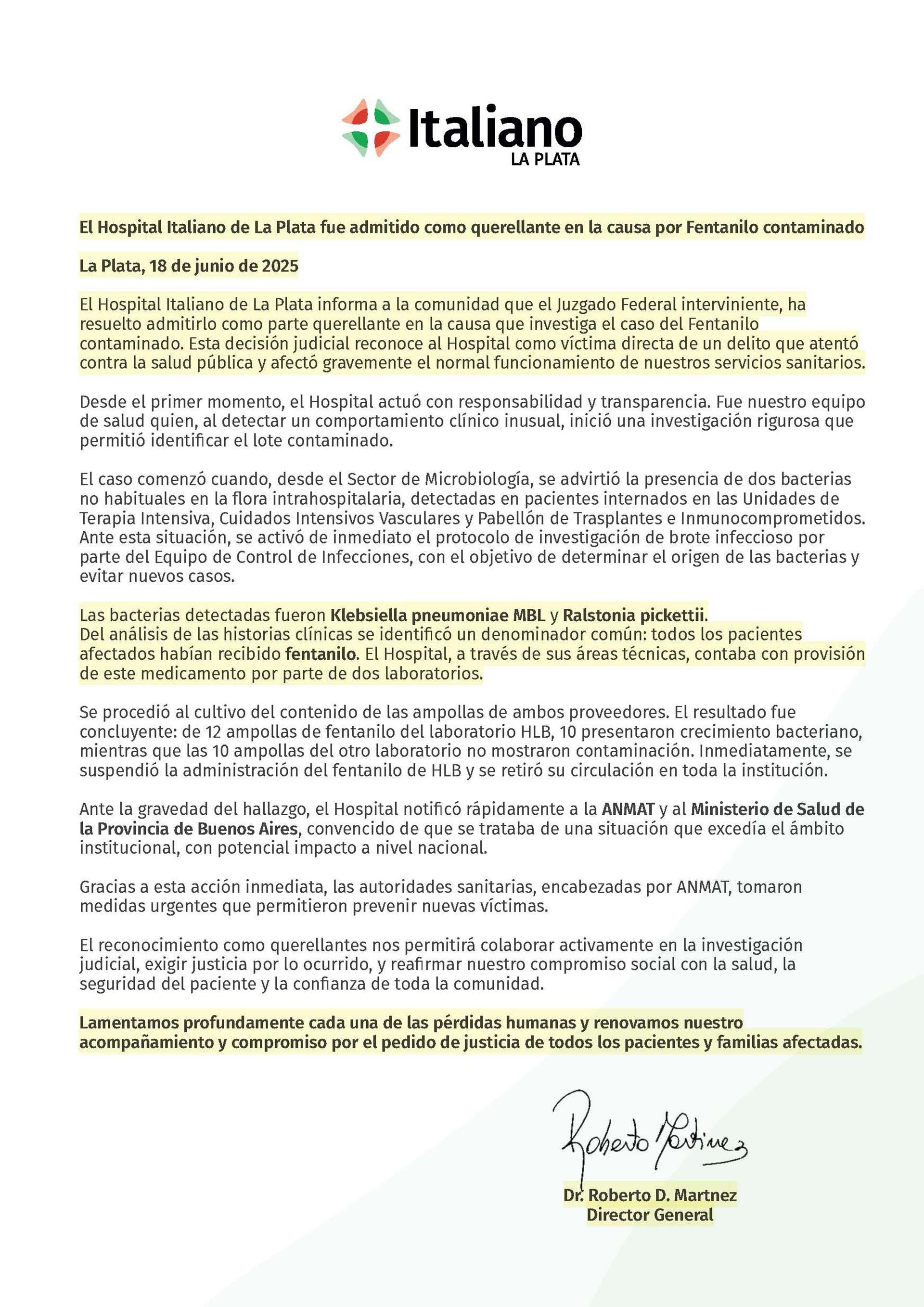 Comunicado del Hispital Italiano de La Plata al ser aceptado como parte querellante en la causa
