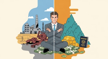 Ilustración de un empresario de traje gris, brazos cruzados, sentado sobre billetes. A su izquierda, fábrica derruida y campo seco; a su derecha, oro, dólares y pasaporte.