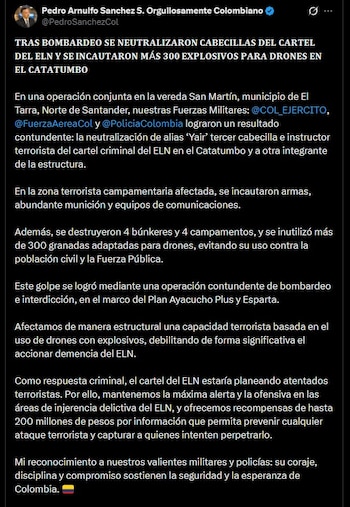 El Ministerio de Defensa de Colombia confirmó la ofensiva en Catatumbo contra el ELN, con apoyo aéreo y terrestre de Fuerzas Militares y Policía Nacional - crédito @PedroSanchezCol / X