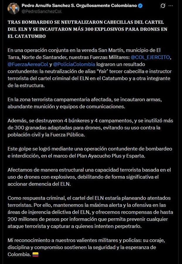 El Ministerio de Defensa de Colombia confirmó la ofensiva en Catatumbo contra el ELN, con apoyo aéreo y terrestre de Fuerzas Militares y Policía Nacional - crédito @PedroSanchezCol / X