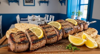 Primer plano de un Kontosouvli de cerdo asado, cortado en porciones sobre una tabla de madera, con rodajas de limón, pan pita y hierbas, en un ambiente de taberna griega.