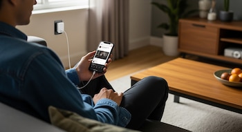 Hombre de perfil está sentado en un sofá, usa un teléfono inteligente conectado con cable blanco a un cargador y una toma de corriente en la pared.
