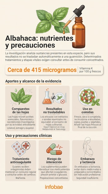 Infografía con ilustraciones de hojas de albahaca, un frasco gotero, comida, pastillas y una mujer embarazada acompañados de bloques de texto.