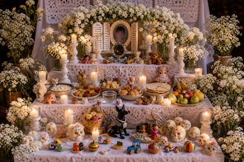 Altar de varios niveles con flores blancas, velas encendidas, calaveras de azúcar, juguetes pequeños, platos de comida y un retrato con espejo.