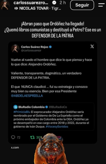 Carlos Suárez compartió sus elogios a Alejandro Ordóñez
