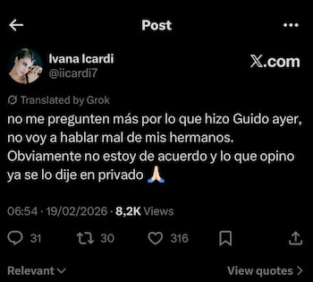 Ivana Icardi publica un mensaje