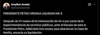 Amylkar Acosta, la Contraloría y la Procuraduría vincularon la crisis de Air-e con el riesgo de un apagón financiero en el sistema eléctrico - crédito @amylkaracosta/X