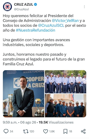 La Cooperativa La Cruz Azul conmemora este 6 de agosto seis años desde que Víctor Velázquez asumió la presidencia del consejo de administración, periodo en el que el club de futbol y la empresa cementera han registrado transformaciones en su estructura deportiva, social e industrial (X@CruzAzul)