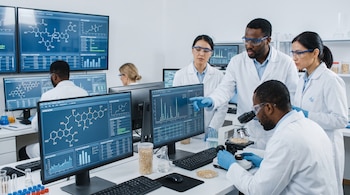 Cinco científicos con batas blancas y gafas de seguridad en un laboratorio con computadoras, un microscopio y muestras de avena.