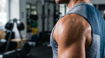 Primer plano del hombro derecho y parte del brazo de un hombre musculoso y sudoroso, con una camiseta sin mangas azul en un gimnasio.