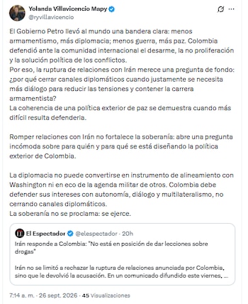 Rosa Villavicencio reaccionó a ruptura de relaciones entre Colombia e Irán