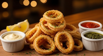 Rabas fritas doradas espolvoreadas con perejil en una tabla de madera, con una rodaja de limón y tres cuencos de salsas de diferentes colores.