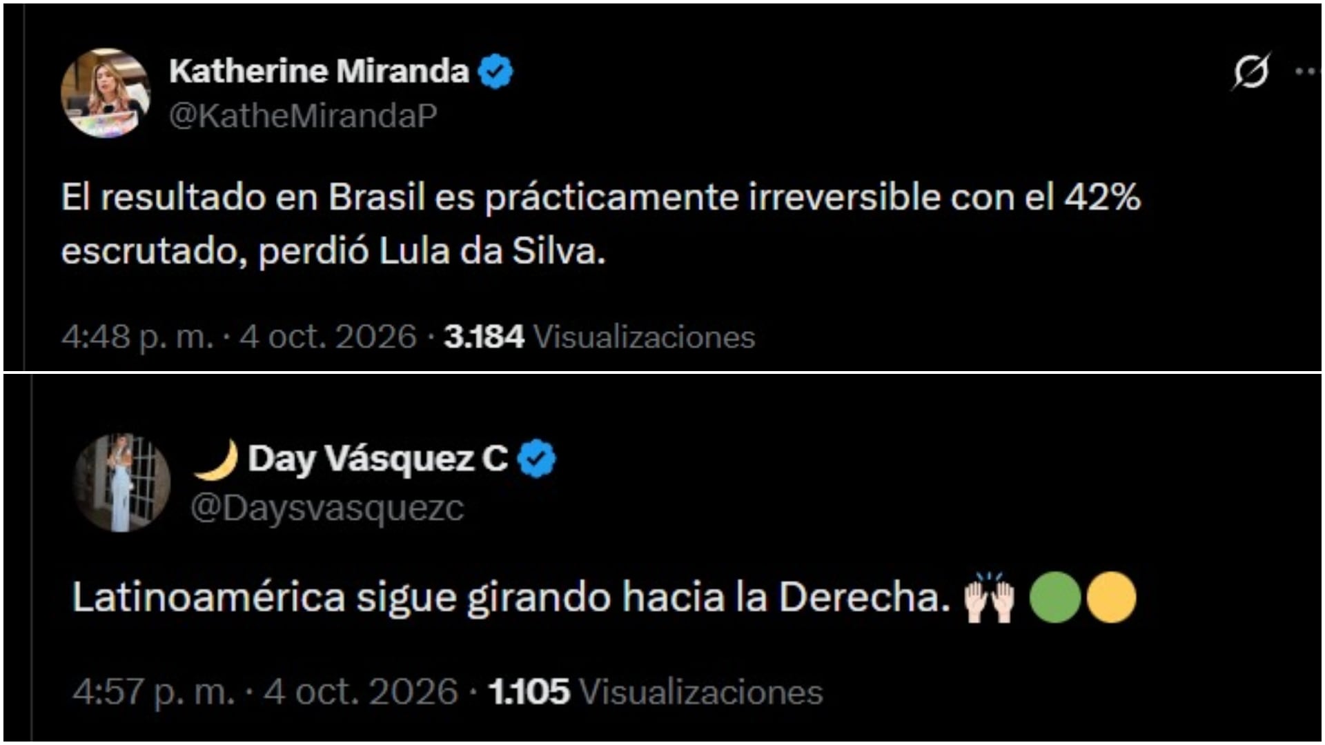Katherine Miranda y Day Vásquez reaccionaron en redes sociales al escrutinio presidencial de Brasil, que mostraba a Flávio Bolsonaro por delante de Luiz Inácio Lula da Silva - crédito @KatheMirandaP; @Daysvasquezc / X
