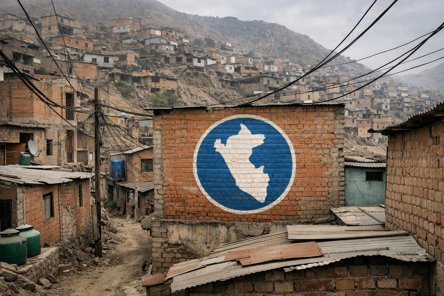 Un mural con el logo del CENEPRED en una vivienda de ladrillo expuesto resalta la vulnerabilidad de un barrio popular densamente poblado en las laderas de Lima. (Imagen Ilustrativa Infobae)
