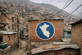 Barrio popular de Lima con casas de ladrillo expuesto en laderas y calles de tierra. Un mural circular azul con el mapa blanco de Perú es visible en una pared.