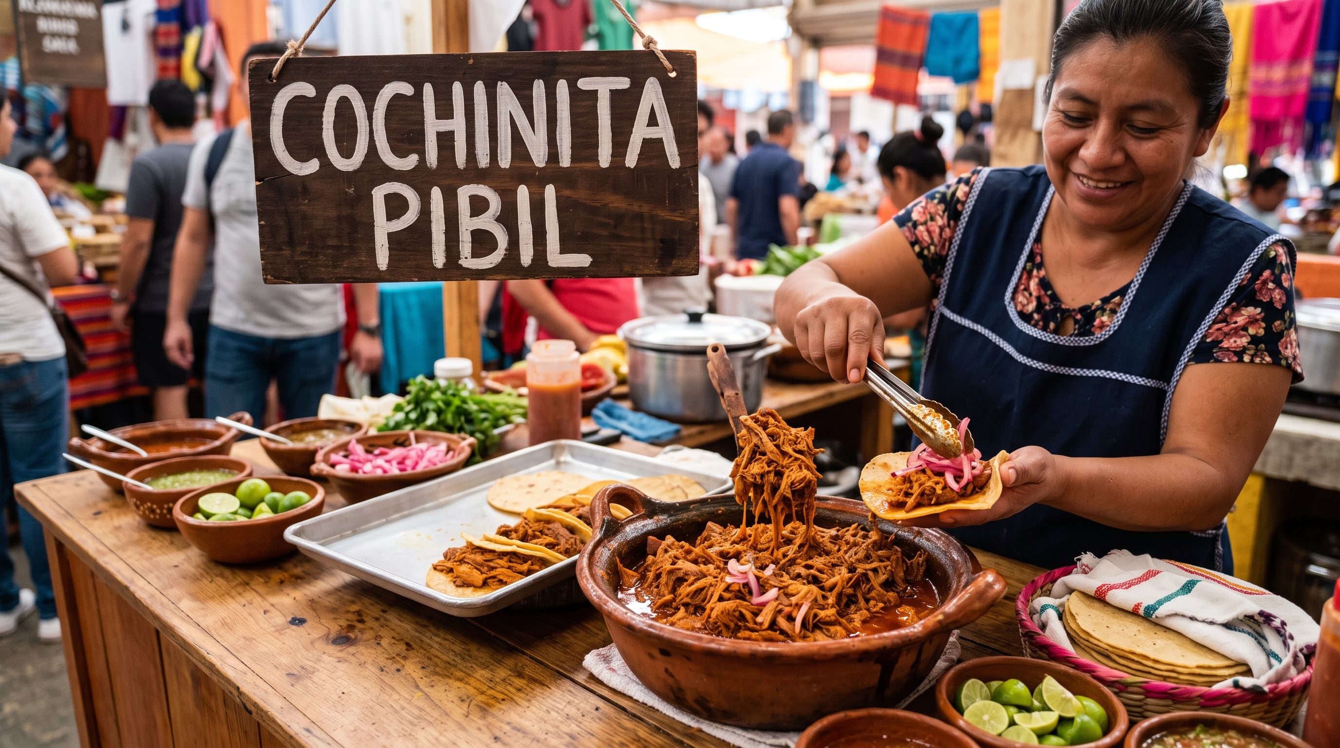 Una comerciante sirve carne de cochinita pibil sobre una tortilla en un puesto de mercado que ofrece salsas y guarniciones. (Imagen Ilustrativa Infobae)