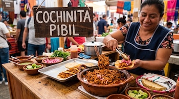 Una mujer prepara un taco con carne de una cazuela de barro junto a un letrero de madera que dice COCHINITA PIBIL y recipientes con salsas.