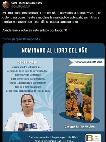 Ceci Flores pidió votos para obtener el premio a 'Libro del año'. | Twitter Ceci Flores
