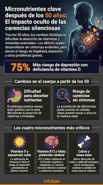 Infografía con un hombre mayor y elementos gráficos sobre micronutrientes importantes después de los 50 años, incluyendo vitamina D, B12, folato y calcio.