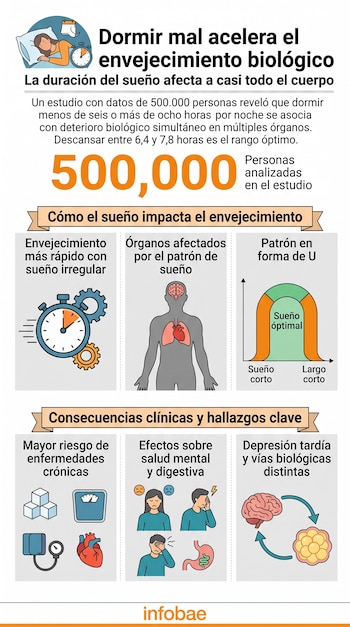 Infografía con texto, gráficos de un reloj, una silueta humana con órganos resaltados y una gráfica en forma de U sobre la duración del sueño.