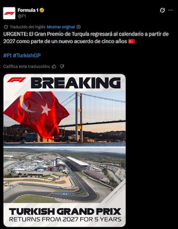 El anuncio de la F1 con la confirmación del GP de Turquía (@F1)
